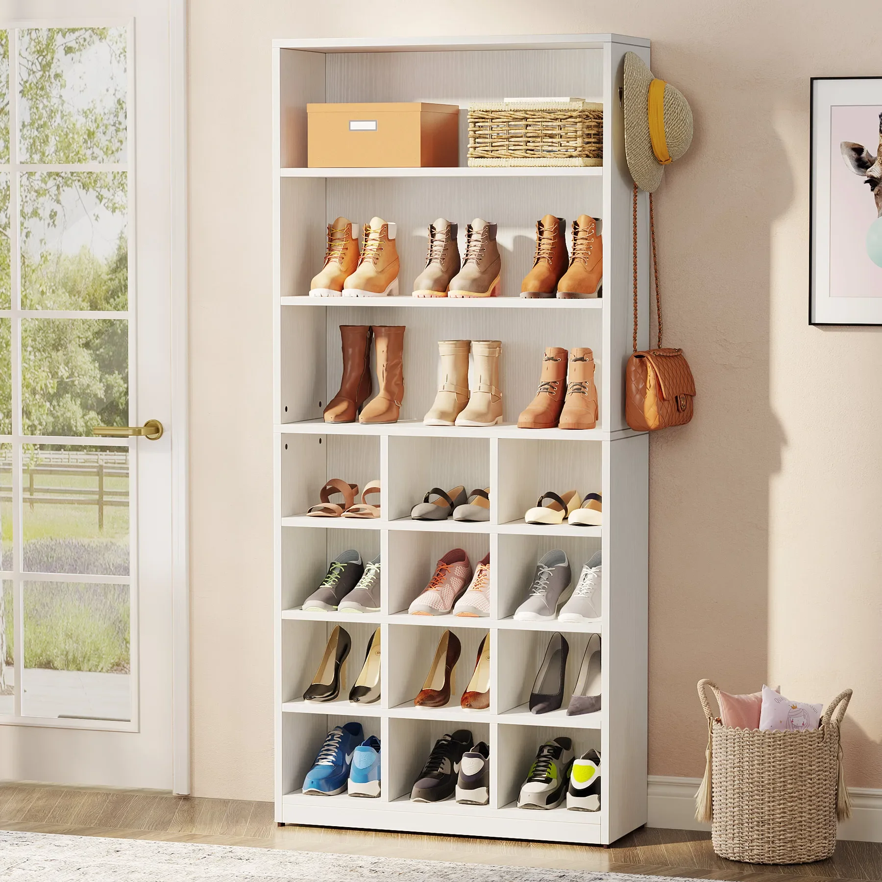 

Tribesigns Shoe Cabinet, 24 Pair Freestanding Shoe Rack Storage Organizer with Side Hooks, Shoe Storage Cabinet with Shelves