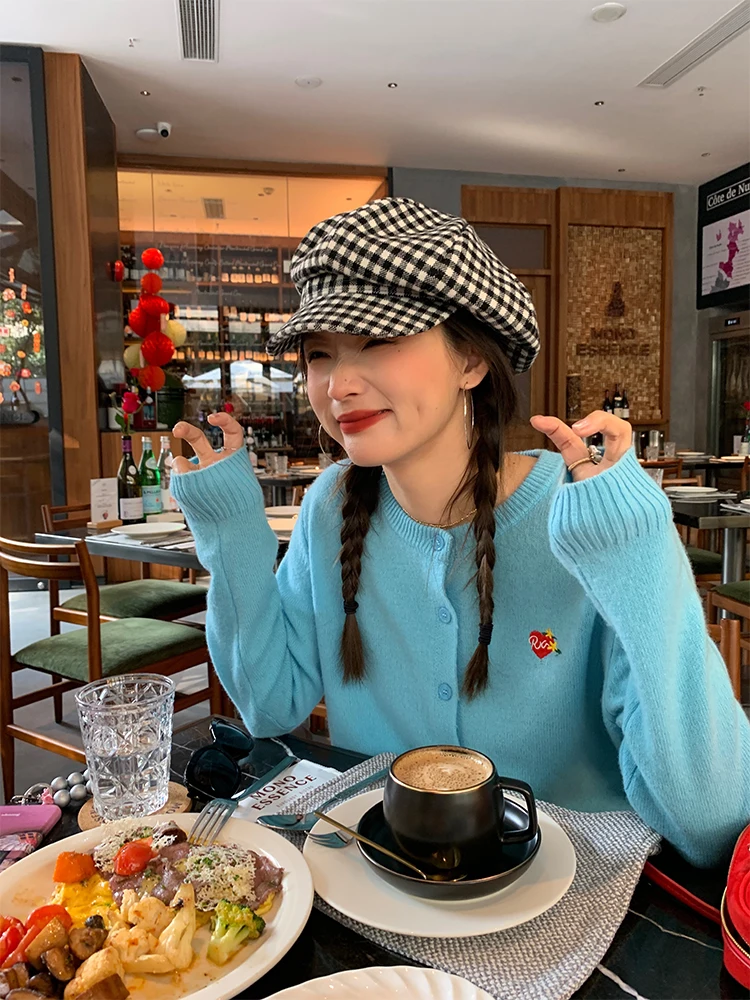 

Blue Open Cardigan Sweater Women's Autumn Winter New Design Woolen Outerwear Small Size Warmth round Ne Single Button Long ...