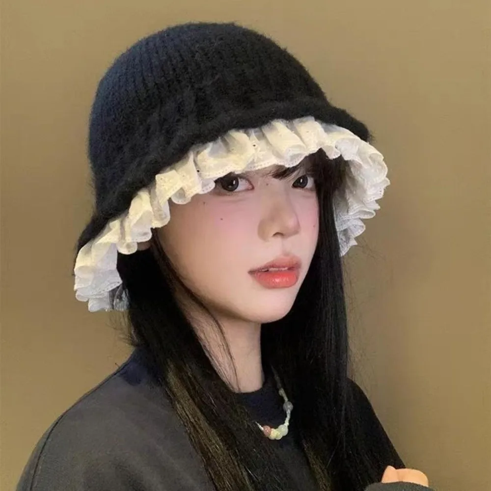 

Fashion Lace Trim Knitted Fisherman Hat Solid Color Korean Style Women Bucket Hat Yarn Large Head Circumference Beanie Hat Girl