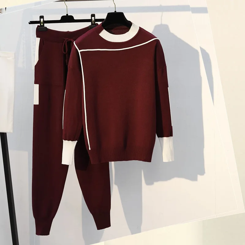 autumn winter new suit women's Retro chic leisure sports temperament knitted fashion Jumper Tops  pants two-piece set