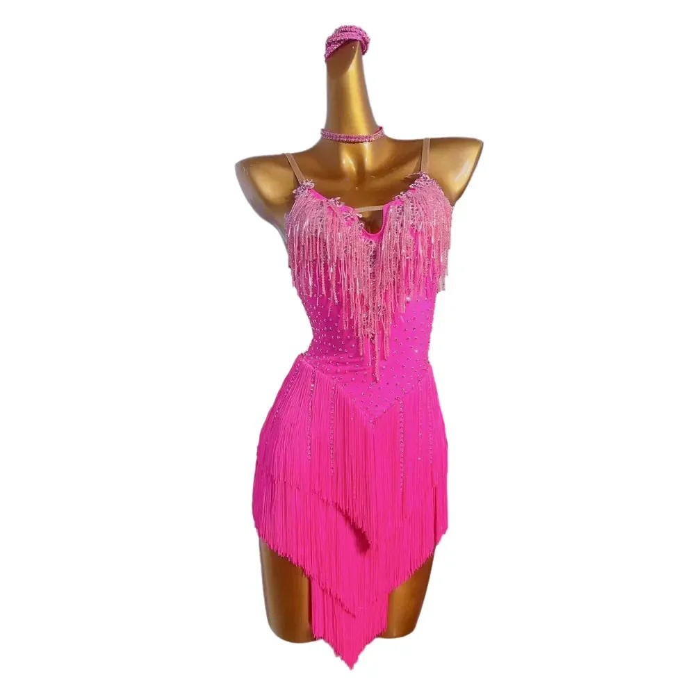 Latin Dance International Competition Professional Clothing High end Customized Samba Style Dress Pink Tassel Diamond