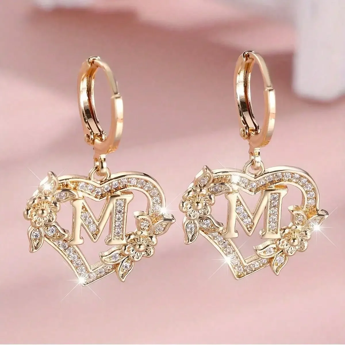1Pair Heart Initial Cubic Zirconia Hoop Earrings For Women Teen Girls Exquisite Heart Carved 26 Letter A-Z And Personalized Name Flower Earrings Match Daily Valentine's Day Jewelry Birthday Gifts,Mom,Mother,Mother's Day,Gift
