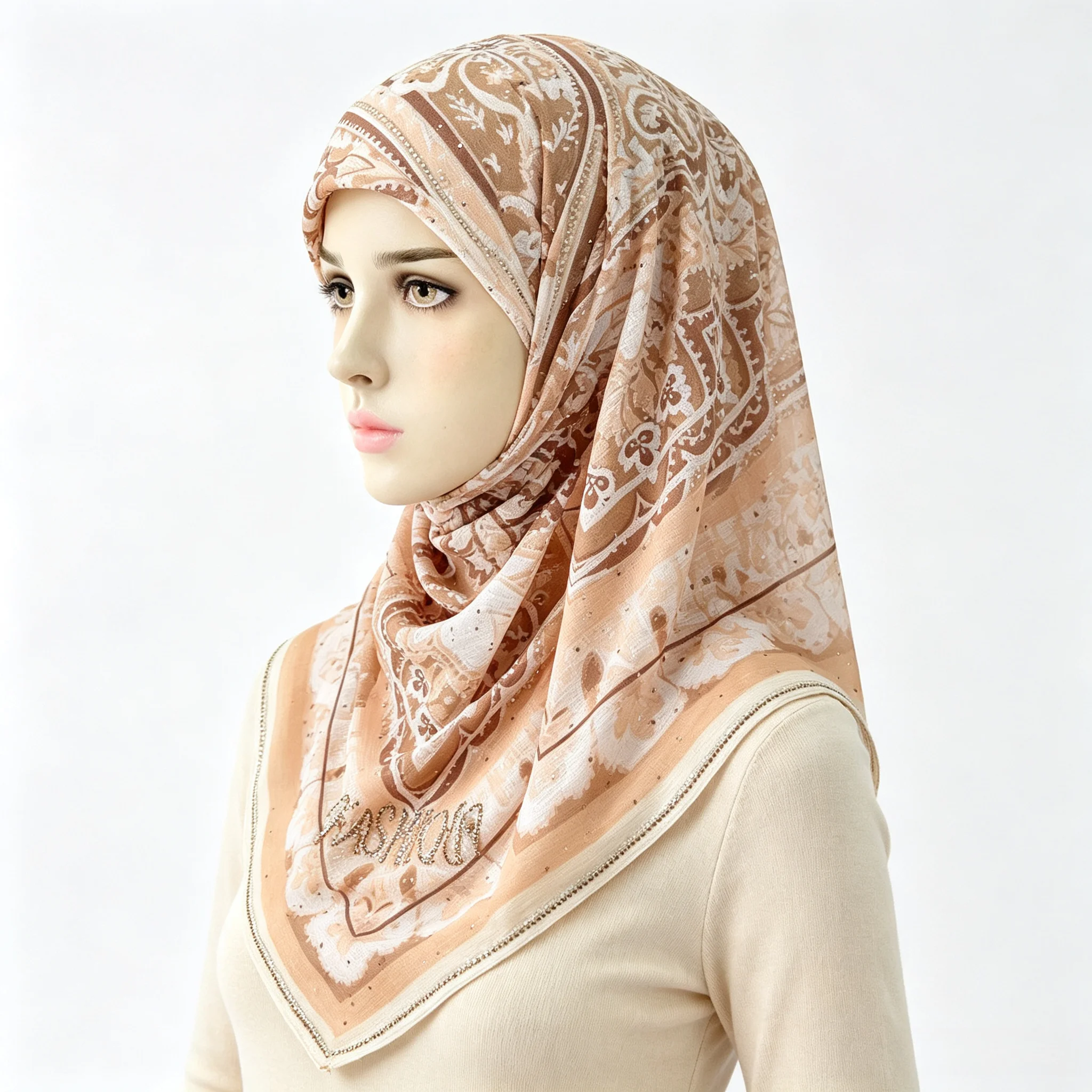 1pc Khaki Vintage Floral Print Chiffon Hijab Women Rhinestone Border Square Headscarf Fashion Muslim Modest Head Wrap