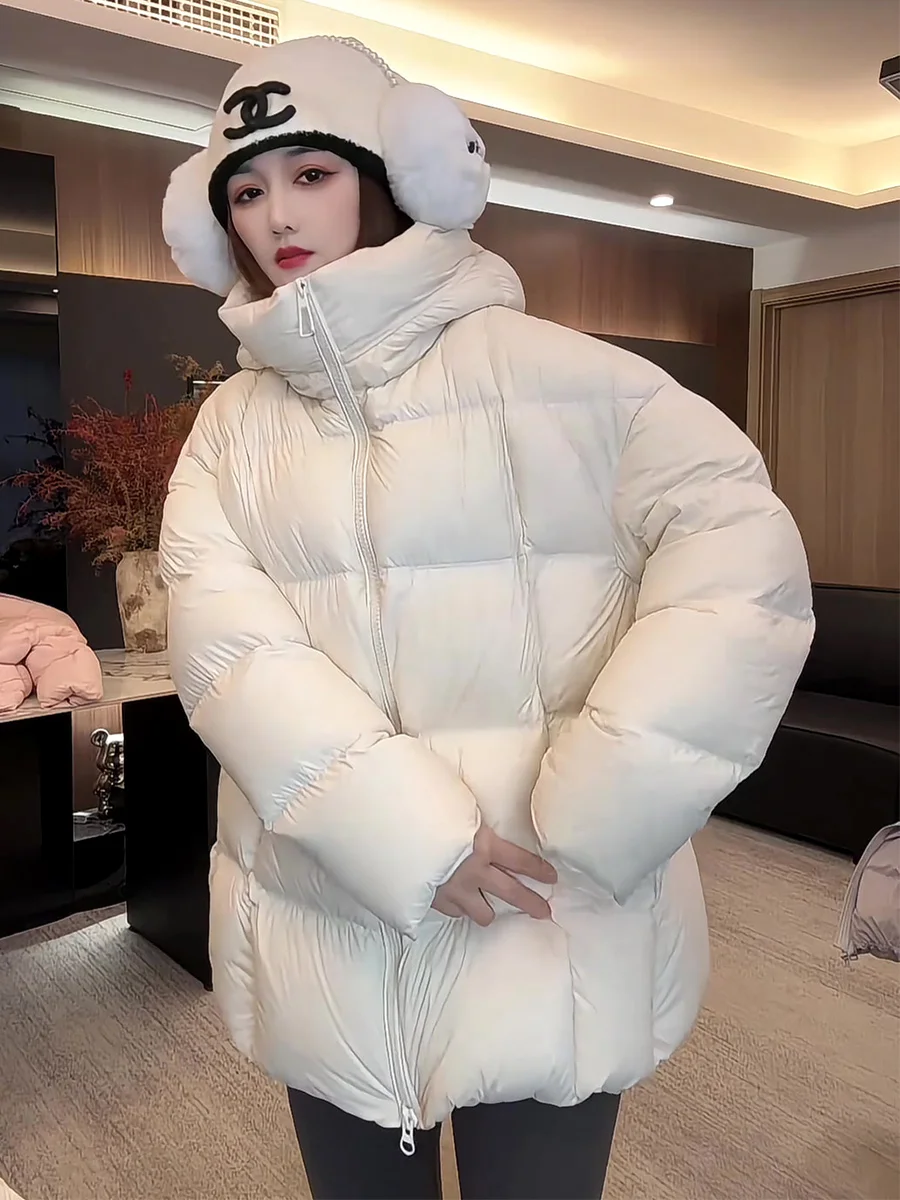 한국 슬레 클라우드 퍼프 화이트 듀 다운 자켓 여성용 겨울 코트 롱 루즈핏 후드 따뜻한 개성있는 아우터웨어