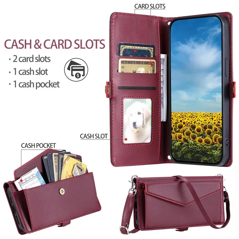 Flip Leather Phone Case for Samsung Galaxy S24 Ultra S23 FE S22 S21 S20 S10 Plus Note 20 10 9 8 Long Lanyard Wallet Card Cover