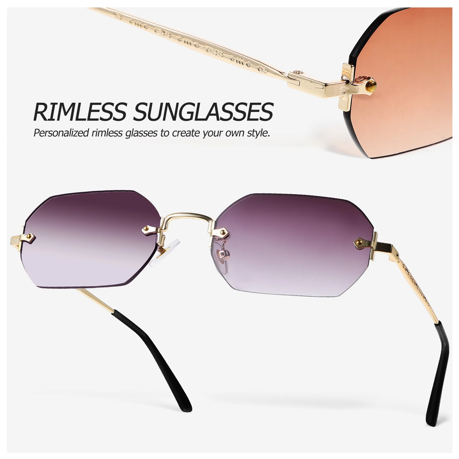 

2 pcs Vintage Sunglasses Rimless Rectangle Metal Frame PC Lenses Polygonal Octagon for Men Women Outdoor Glasses Accessories