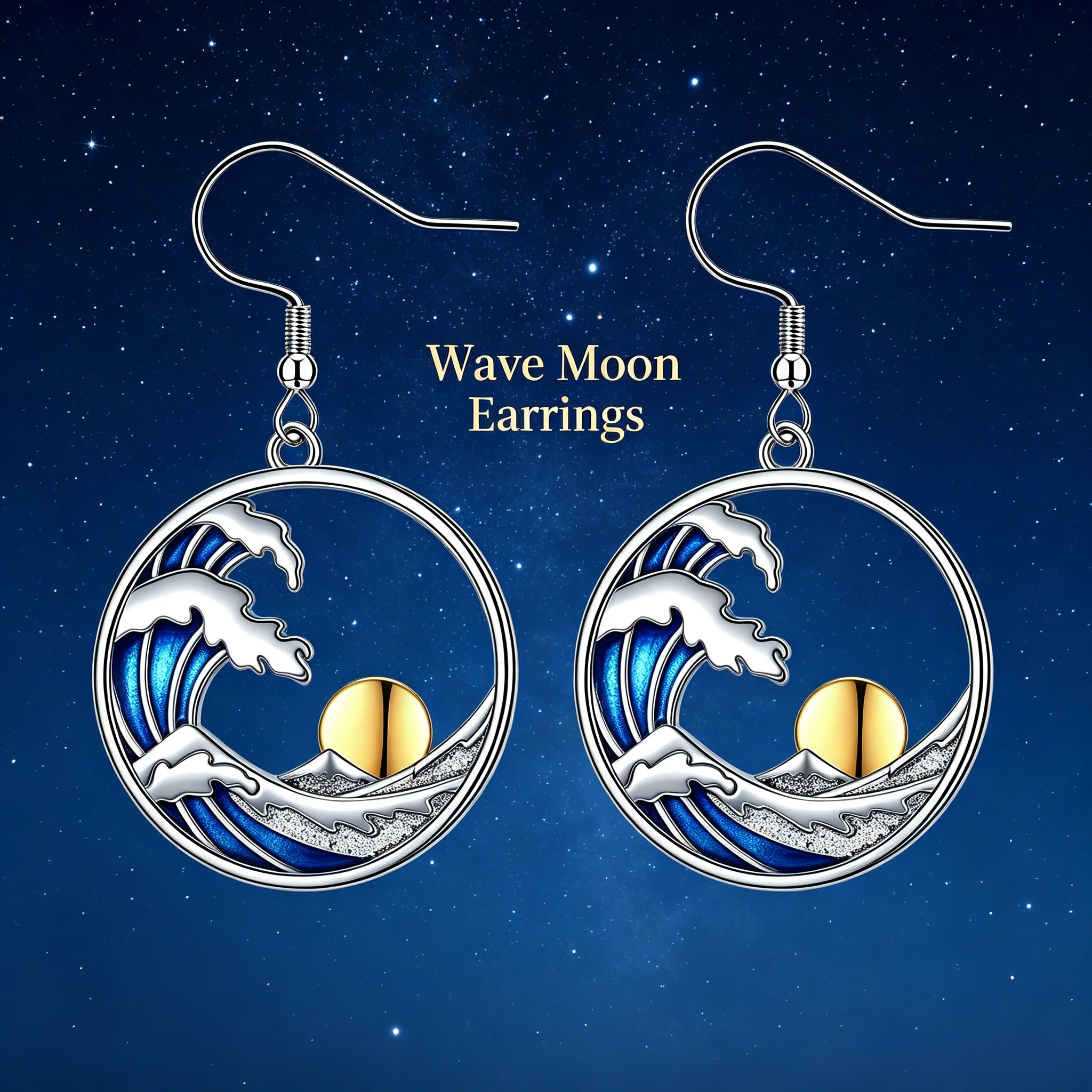 Two-Tone Silvery & Golden Zinc Alloy Kanagawa Wave Dangle Earrings Blue Enamel Sunrise Nature Jewelry Gift