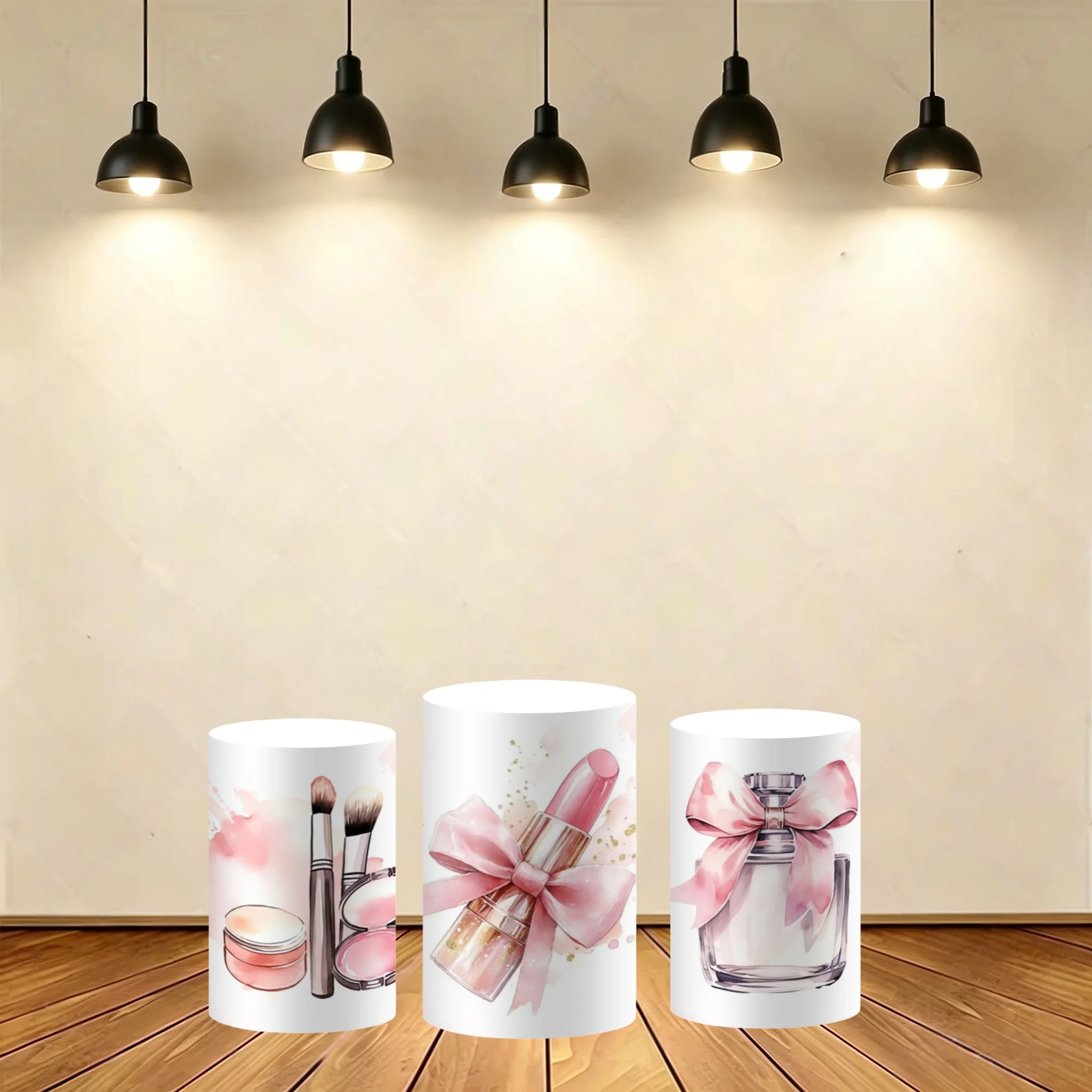 Dessert Table Backdrop - ผ้าคลุมฉากหลังทรงกระบอกสีชมพูสำหรับงานปาร์ตี้ธีมแต่งหน้า ตกแต่งโต๊ะของหวานวันเกิดเด็กผู้หญิง ผ้าคลุมทรงกระบอกแบบยืดหยุ่น