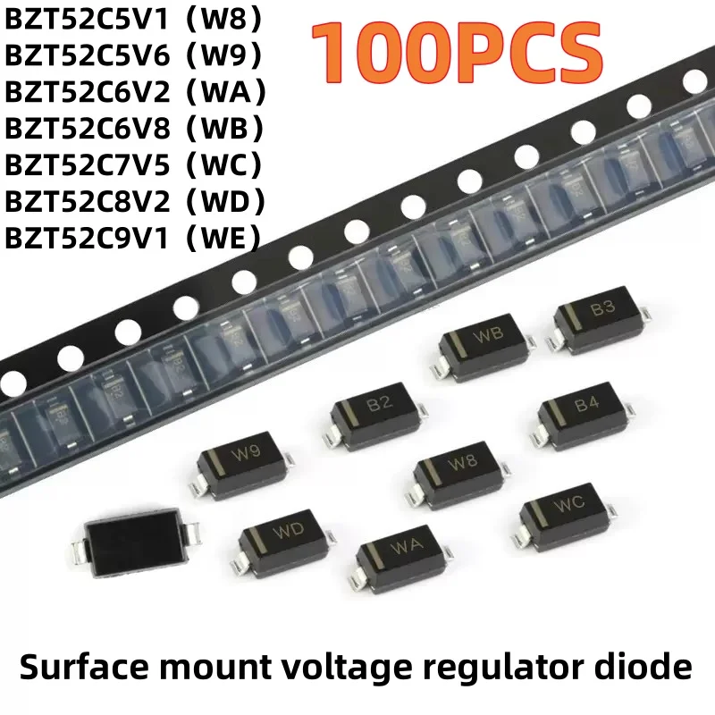 100PCS SMD Zener diodo W7 BZT52C5V7 W7 BZT52C5V1 W8 BZT52C5V6 W9 BZT52C6V2 WA BZT52C6V8 WB BZT52C7V5 WC BZT52C8V2 SOD-123 WD