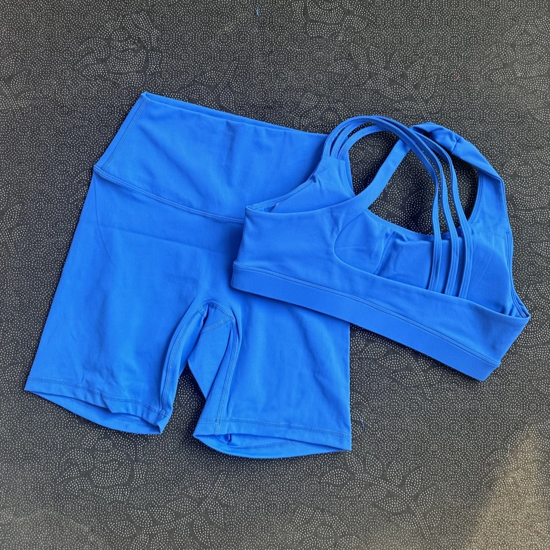 Solid Color Soft Women Gym Yoga Set Shoulder Strap Cross Back Sport Bra+High Waist Yoga Short Legging 2pc Sportwear Workout Wear image 3