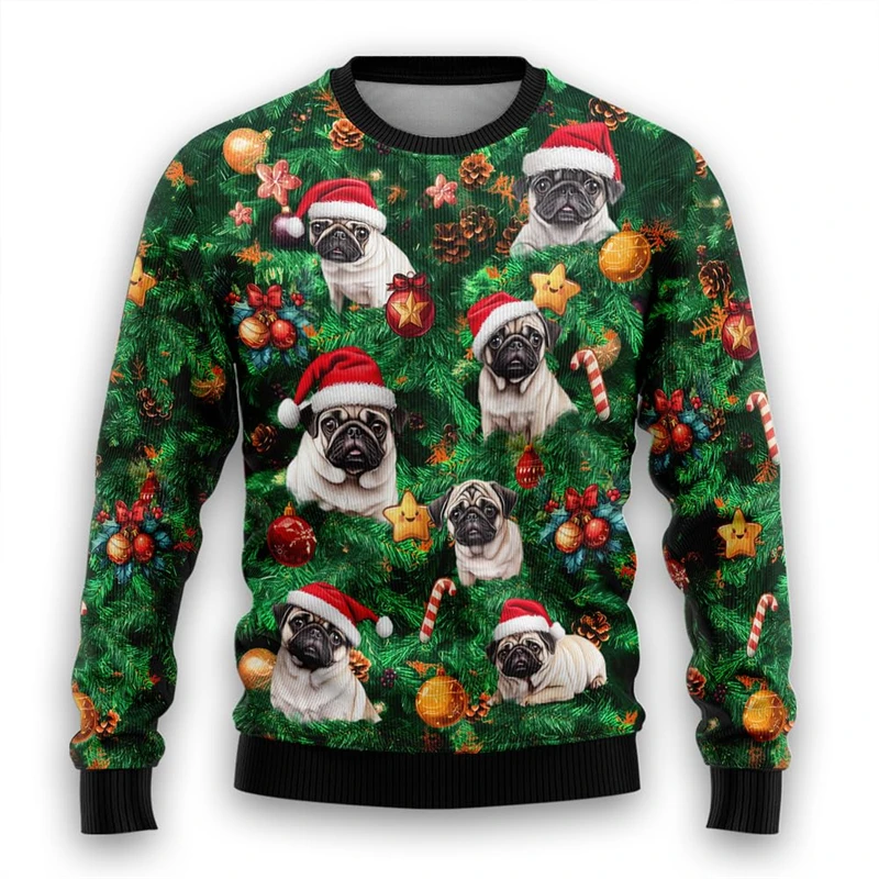 Dog Ugly Christmas Sweater For Men Fashion Cute Animals 3D Printed Xmas Holiday Sweatshirts Dog Lover Pullovers Loose Tracksuit