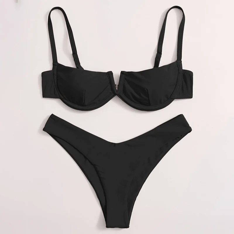 Fashion Summer Bikinis Set Female Thongs Swimsuit Beach Bathing Suits For Women Sexy Two-piece Swimwear Solid Color Beachwear