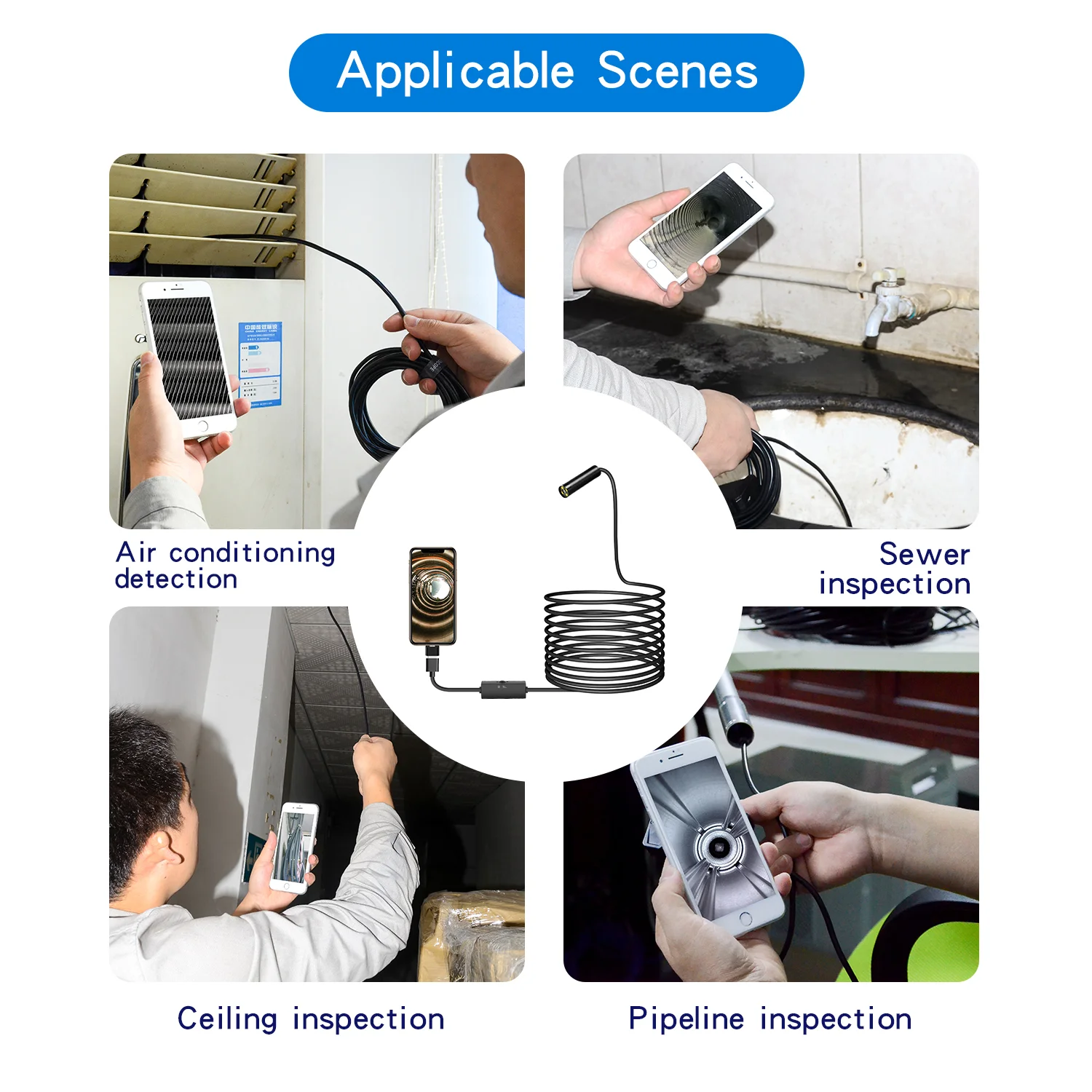 5MP Auto Focus 12mm 1944P 1/2/3.5/5m 3 in 1 Hard Cable Borescope Inspection Camera for Smartphone PC Endoscope Camera