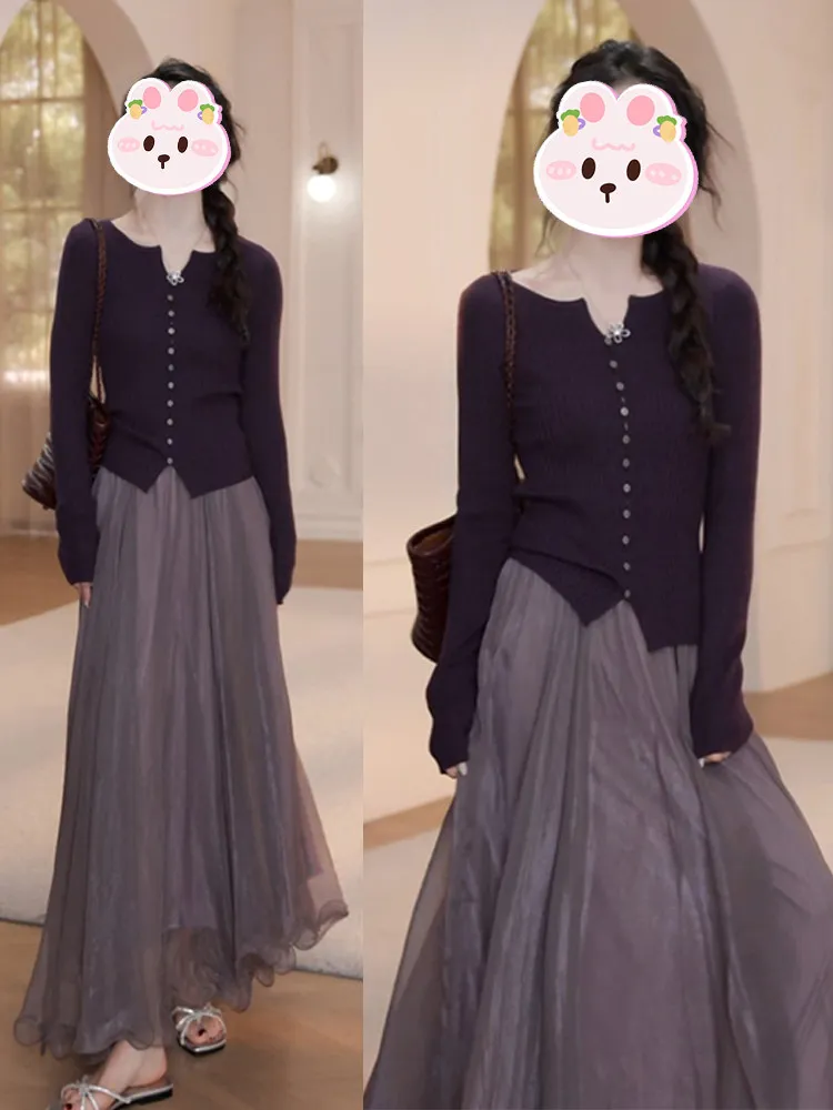 

Summer 2026 Korean Style Pure Color Knitted Top And Half Skirt Two Piece Set Women's Elegant Fashion Trendy Ensemble Casual Wear