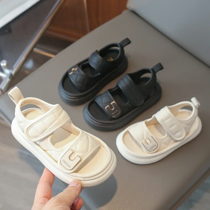 Children Sandals Leisure Sewing Soft Leather Chunky Kids Beach Sliders Black Beige Flexiable Fashion Daily Boys Girls Shoe 26-36