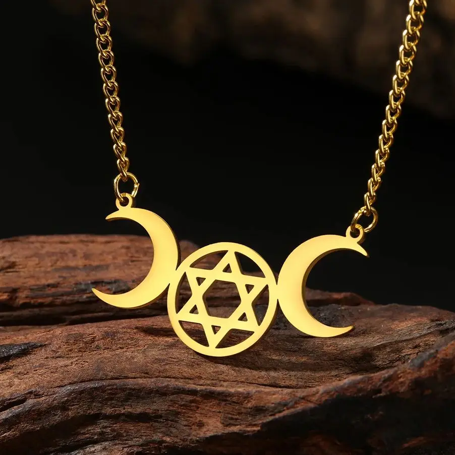 Dawapara Triple Moon Hexagram Necklace Jewish Star of David Moon Phase Pendant Wiccan Goddess Jewelry Stainless Steel