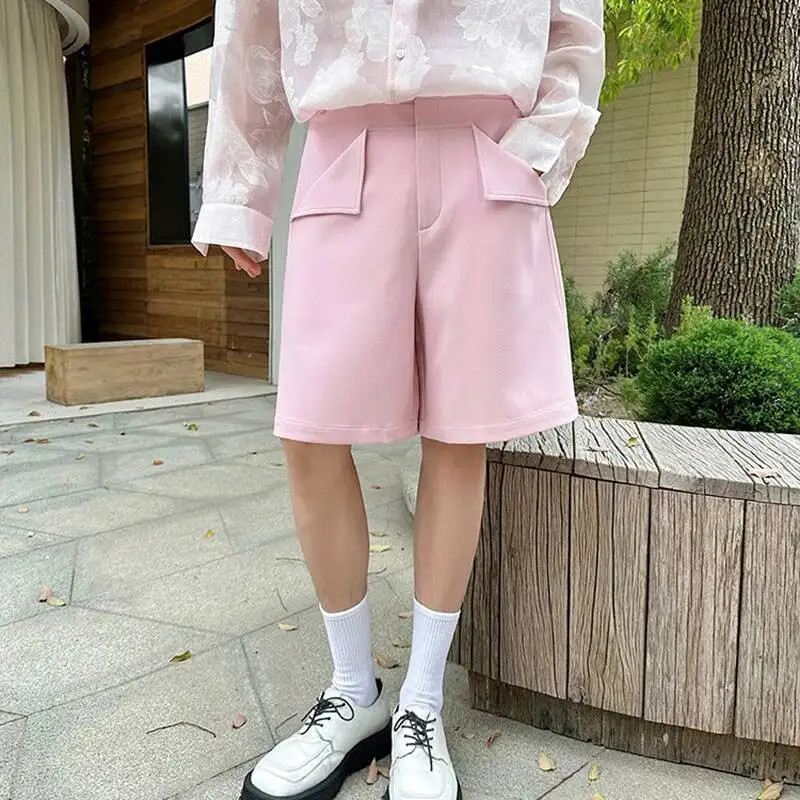 New Trendy Niche Mens' Pink Work Shorts Versatile Casual Back Elastic Waist Knee Length Pants Summer Bottoms LHY7