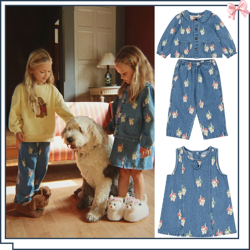 Image of 2026 frühling KS Jungen Katze Denim Jacke Jeans Kleinkind Mädchen Nette Druck Weste Kleid Kinder Mode Oberbekleidung Hosen Kinder Kleidung Set