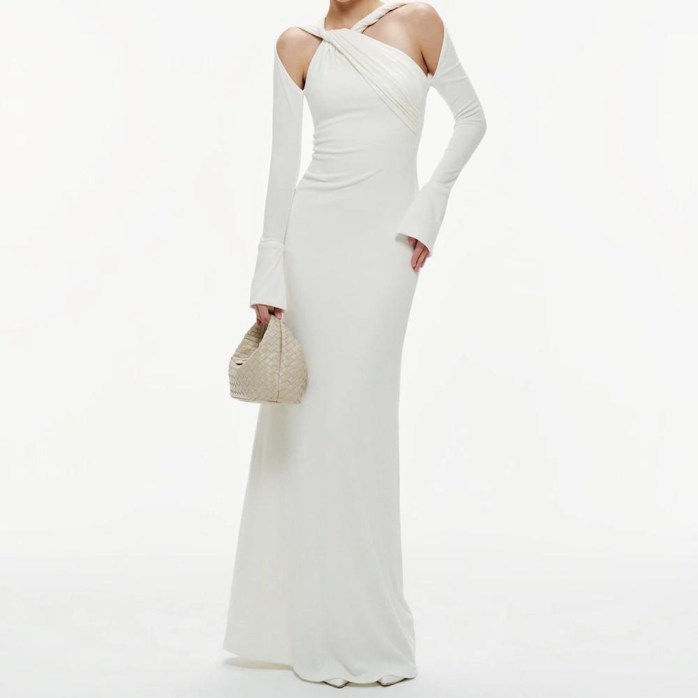 

Вечерние платья трапециевидной формы по индивидуальному заказу, длиной до пола, с круглым вырезом и длинными рукавами, платье для выпускного вечера, модное плиссированное простое драпированное повседневное вечернее платье