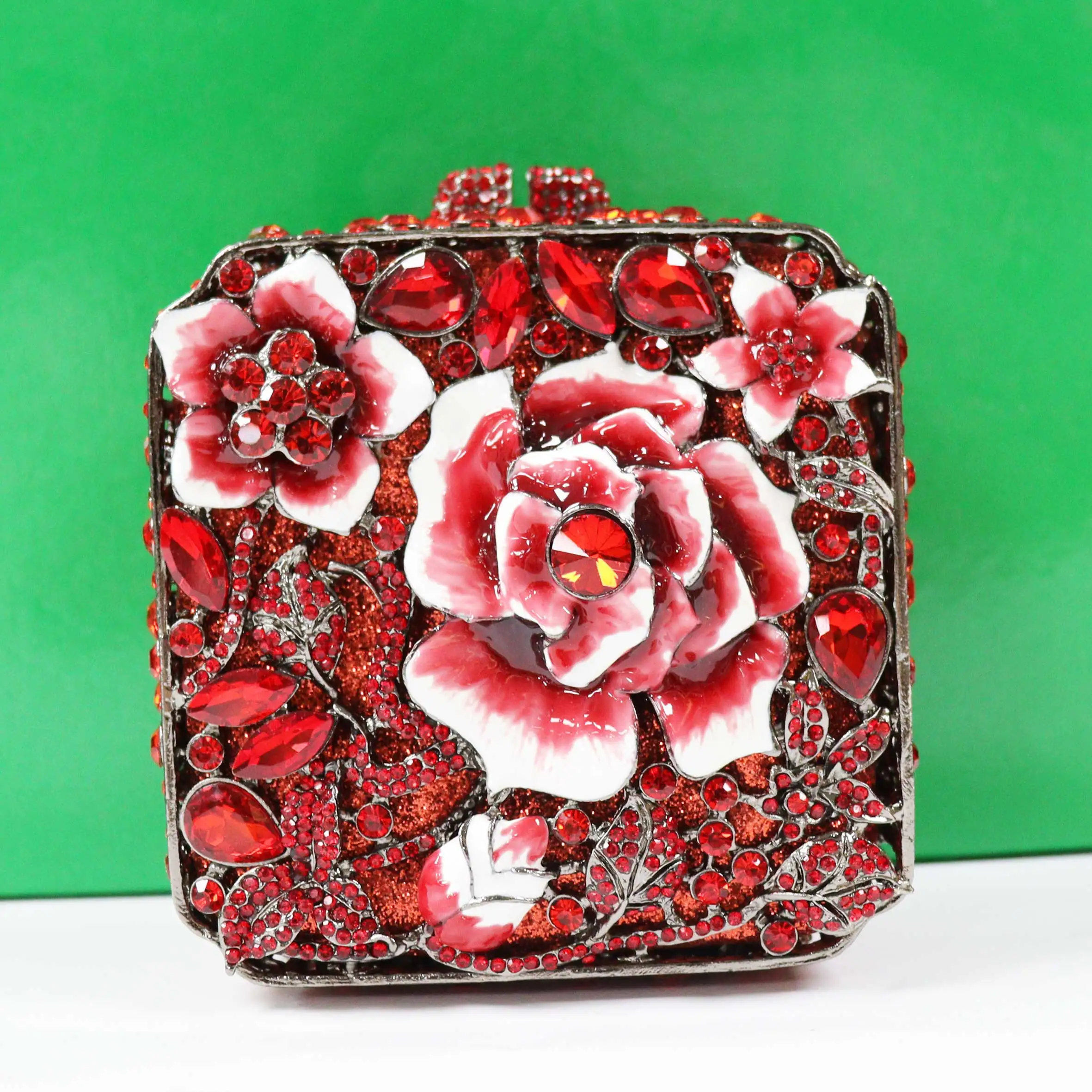 

Dazzling Rhinestone Flower Red Pink Oil Women Purse DIY Green Square Chain Evening Bags Bridal Day Clutches sm257