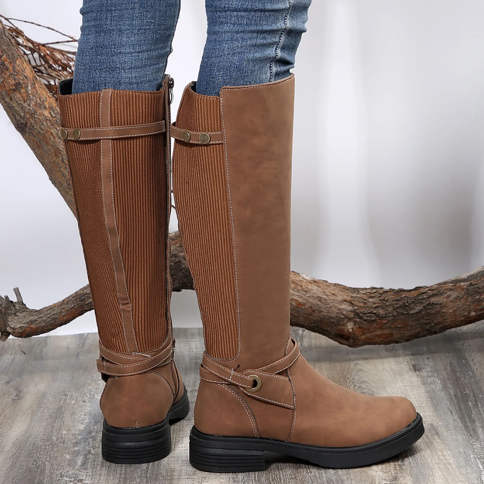 المرأة شقة حذاء برقبة للركبة جولة تو الجانب سستة المرقعة أحذية طويلة الانزلاق على مريحة حذاء من الجلد غير رسمي بوتاس موهير #2