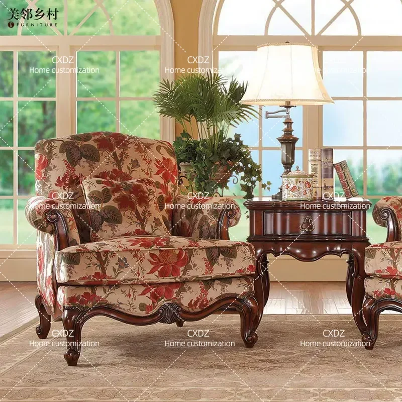 Solid Wood Fabric Single Sofa Nostalgic Retro Flower Cloth Leisure Chair Home Balcony Comfortable Country