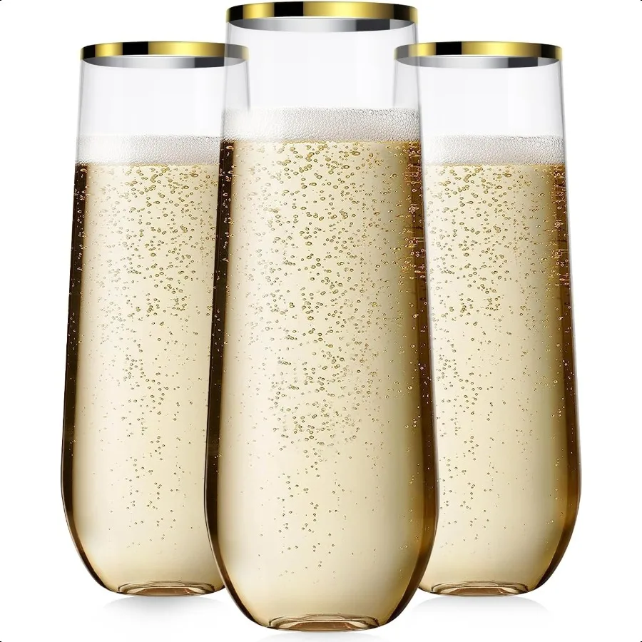 

48 Pcak Champagne Flutes Plastic 9 Oz Steml Mimosa Gold Rim Toasting Glasses Clear Crystal Plastic Cocktail Cups for Party Wed