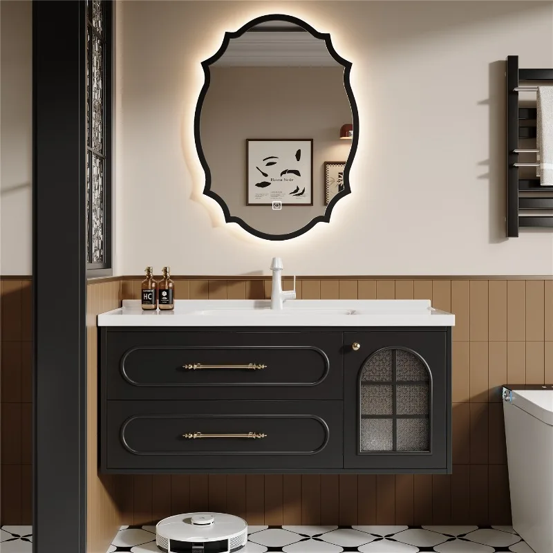 Armário de banheiro multicamadas estilo francês, combinação de armário de banheiro com bacia integrada de cerâmica