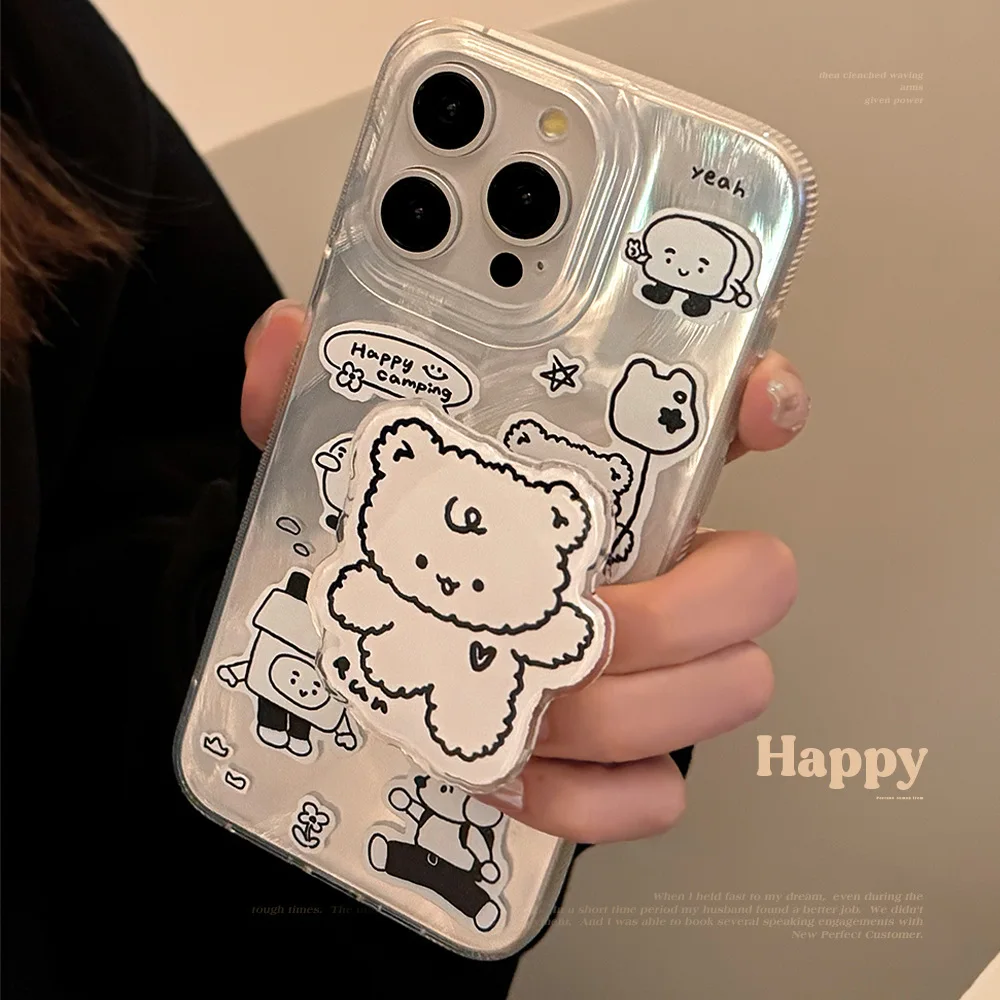 Simple iphone14 ins sticker Wind Bear stand phone case iphone15promax for iphone13 Feathered iphone16