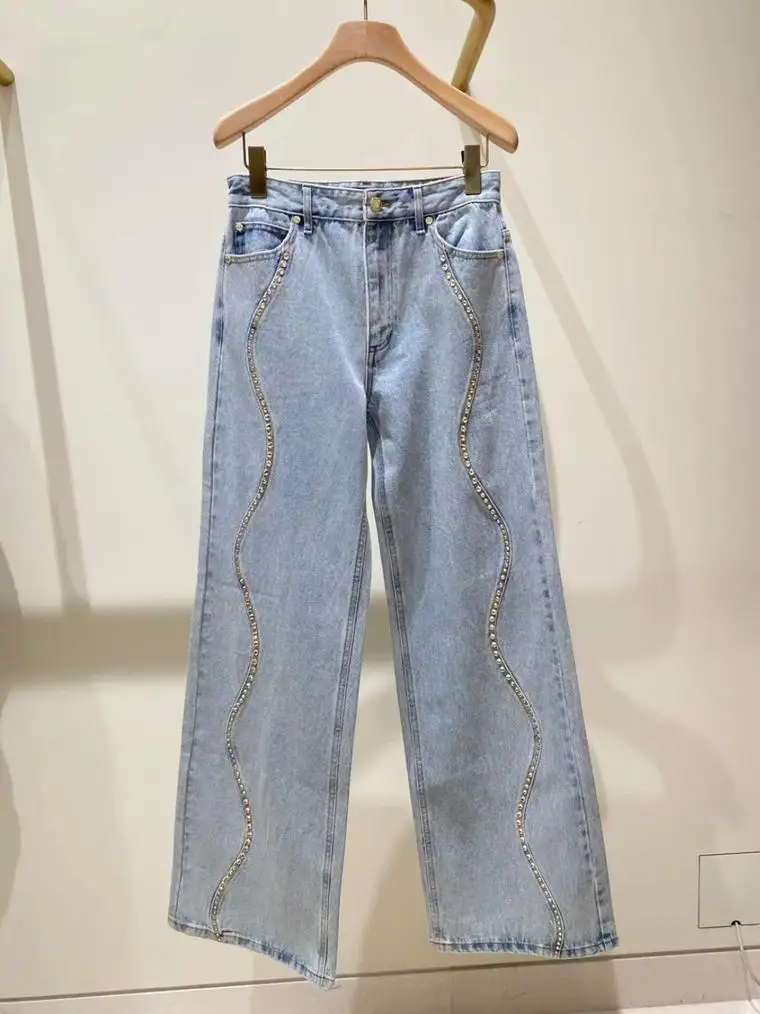 

Spring 2025 HEIDD S Home Faion Set Wave Rhinestone Decorated Denim irt And Long Pants Cotton Collar Long Sve Wome...
