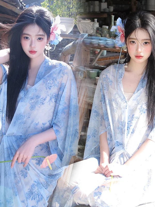 

Chinoiserie Zen Style Women's Hanfu Summer Fairylike Blouse Skirt Blue White Improved Version Studio Personal Art Photoshoot