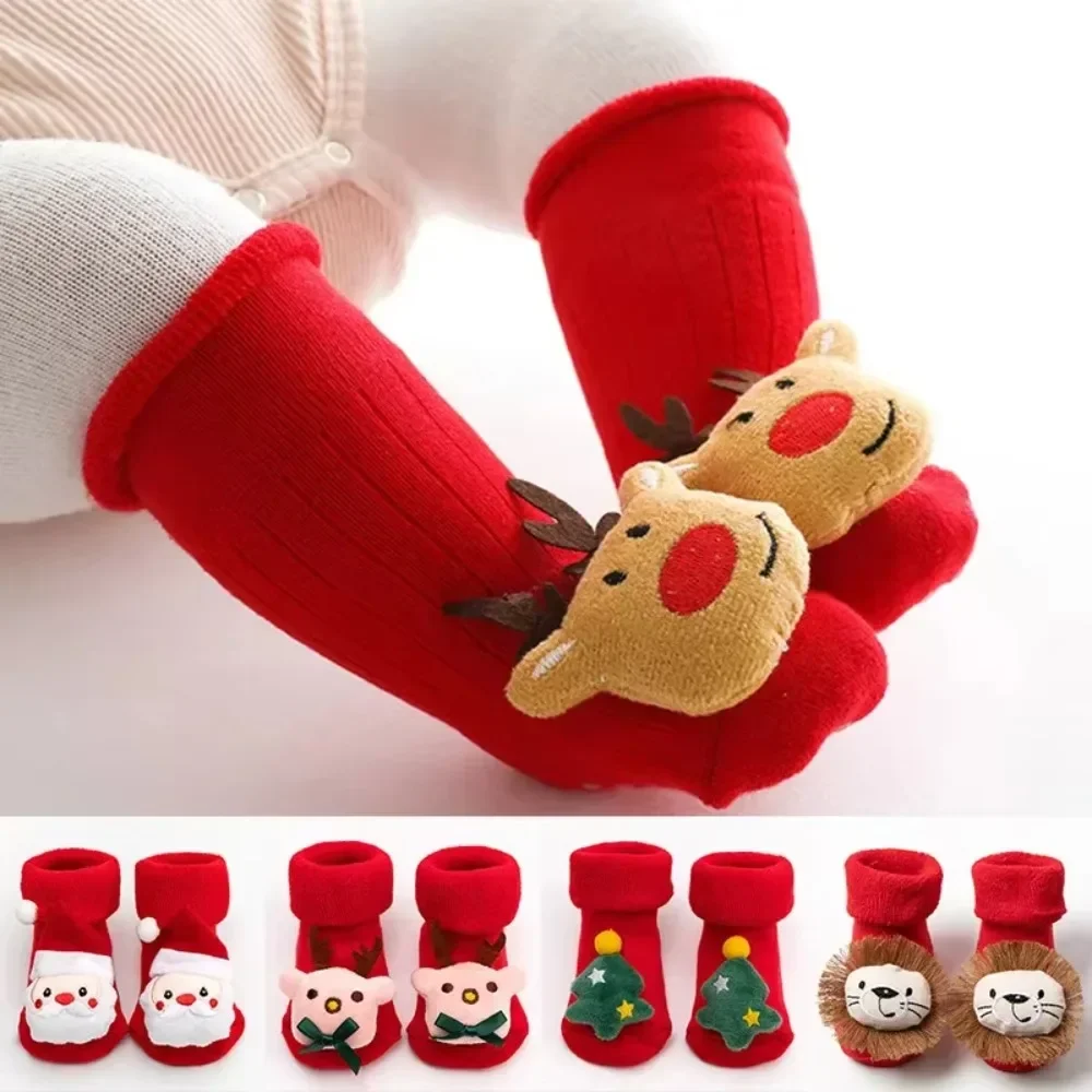 Cute Baby Christmas Socks Winter Warm Infant Plush Sock 0-3Year Kids Non-slip Floor Socks Cartoon Xmas New Year Newborn Footwear