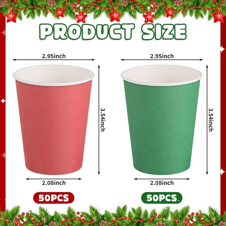 100 Pack Red Green Paper Cups 9oz Christmas Party Cups Bulk Paper Cups Disposable Drinking Cups for Birthday Holiday Christmas