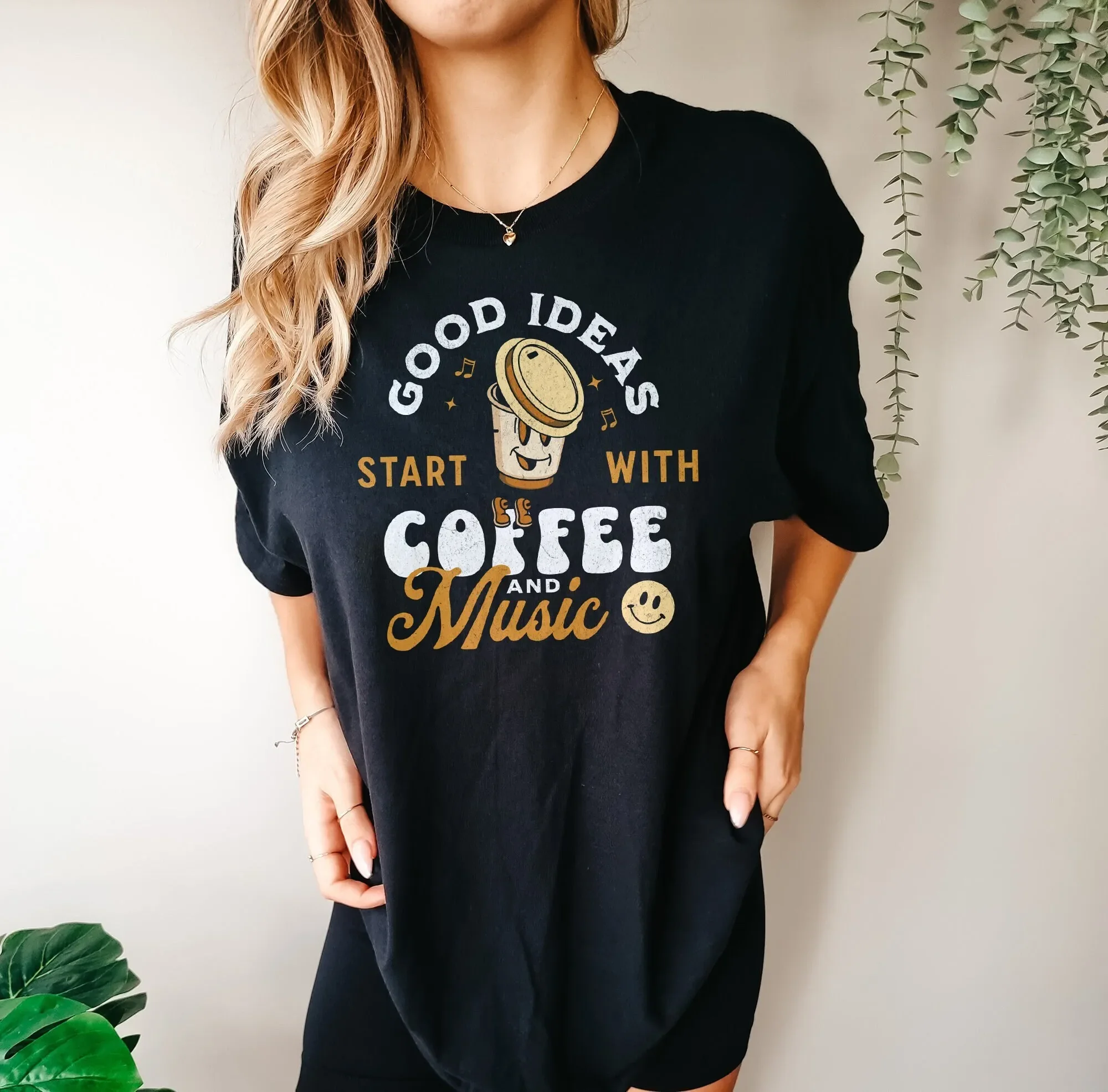Good Ideas Start With Coffee And Music Lovers T Shirt Oversized Lover Cute Mom Girl