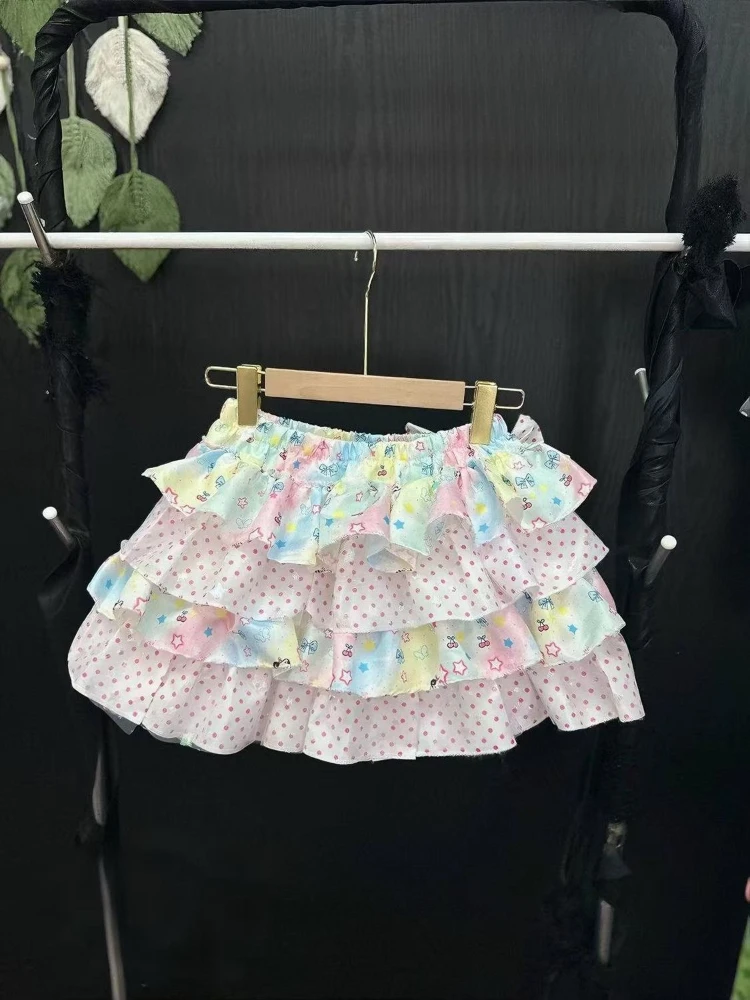 2026 Y2k Aesthetic Polka Dot Patchwork Mini Skirts Women Kawaii Sweet Bow Grunge Skirt Harajuku Ruffled Printing ​fairy Faldas
