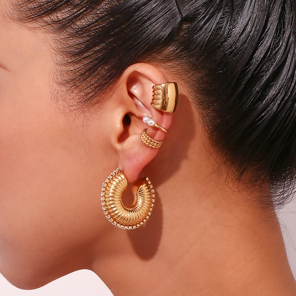 E.B.belle Zircon Edge Piping Threaded Hollow Hoop Earrings 18K Gold Plated Jewelry Silver Color Stainless Steel Accessories