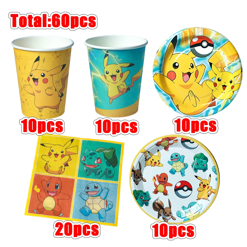 60 Stück Pokémon Tischgeschirr Pikachu Geburtstagsdekoration Einwegbecher Teller Servietten Alles Gute zum Geburtstag Babyparty-Zubehör Spielzeug – Detail 3