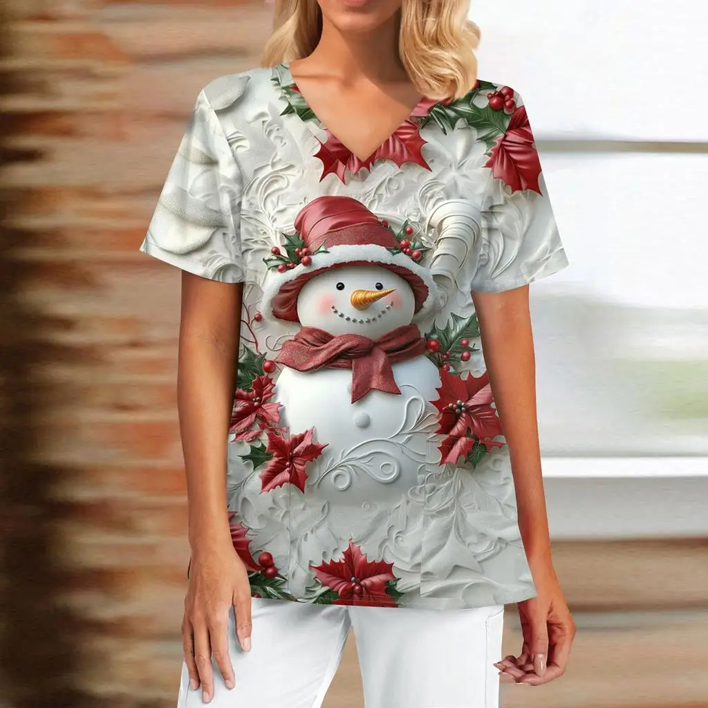 2025 women's work uniforms Christmas snowman print cartoon V-neck tops ladies shirts nurse work clothes medical uniforms