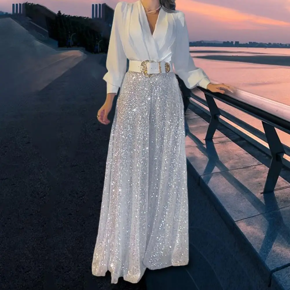 Loose Fit Jumpsuit Elegant Sequin Wide Leg Jumpsuit for Women V Neck Slim Waist Long Sleeves for Formal Occasions Proms Parties