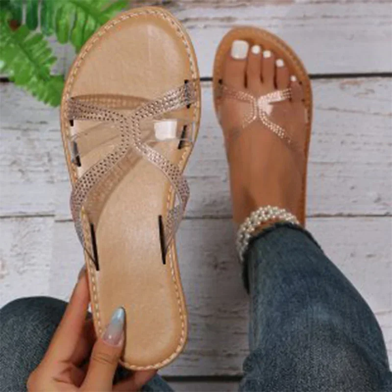 

Fashion Round Toe Shallow Mouth New Thin Strap Sandals Summer Elegant Casual Flat Shoes Women Bling Flats Slippers Beach Walking