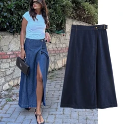 Maxdutti Fashion Ladies Sashes High Waist Midi Leg Skirt Women French Minimalist Split Straight Denim Skirt