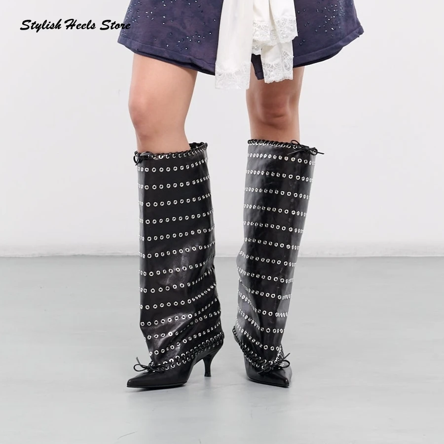 Stylish Metal Eyelets Kitten Heel Knee High Boots Sexy Pointed Toe Lace Up Modern Boots Luxury Wide Shaft Pull On Long Boots