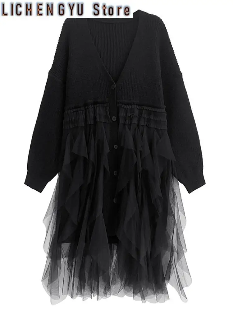 Vestido de suéter Irregular de malla de punto para mujer, cuello en V, manga larga, negro, talla grande, moda de primavera y otoño, nuevo