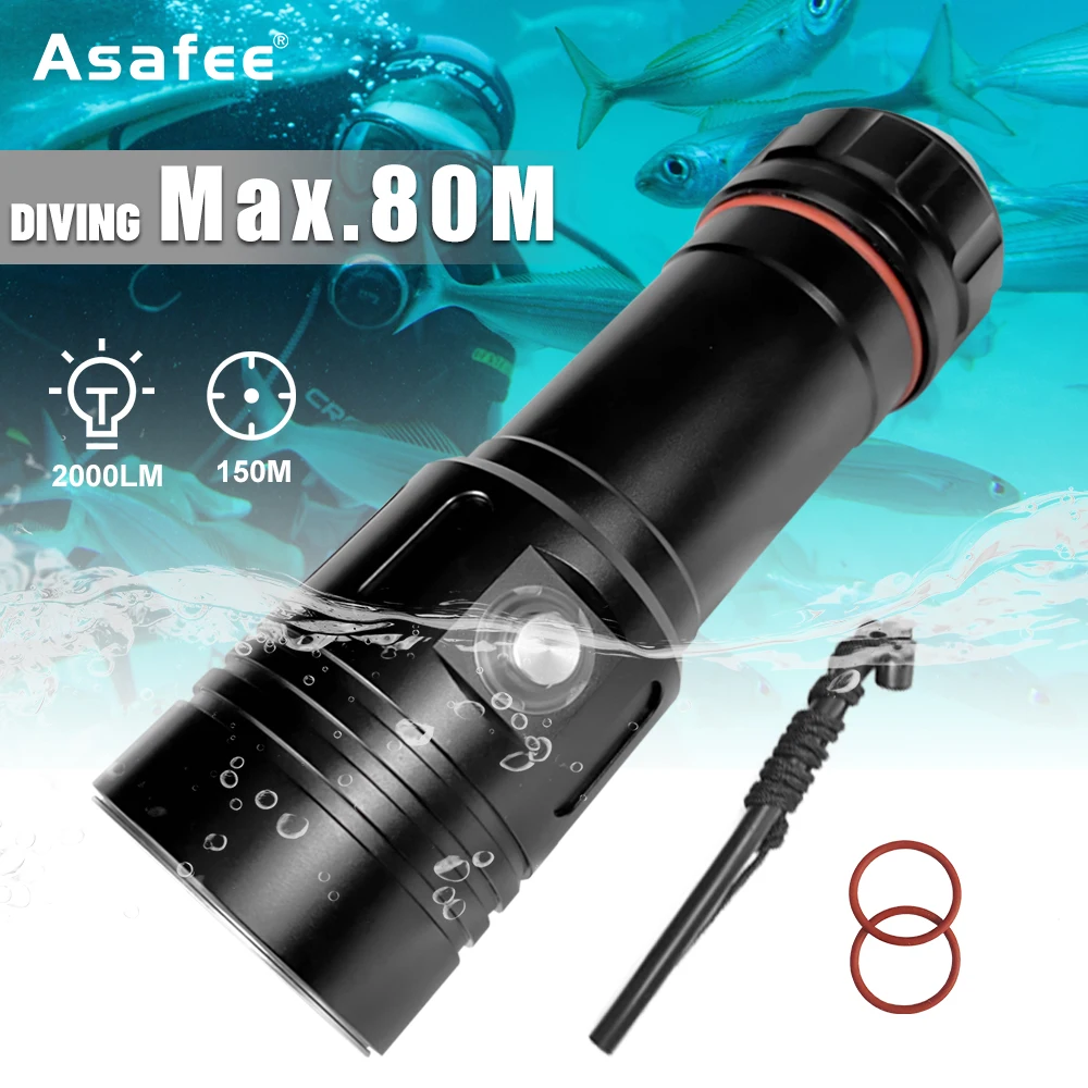 Asafee-水中ダイビング懐中電灯p50/p70 LED 2000lm 150m、防水ipx8、スキューバトーチ、屋外用sosランプ、80m