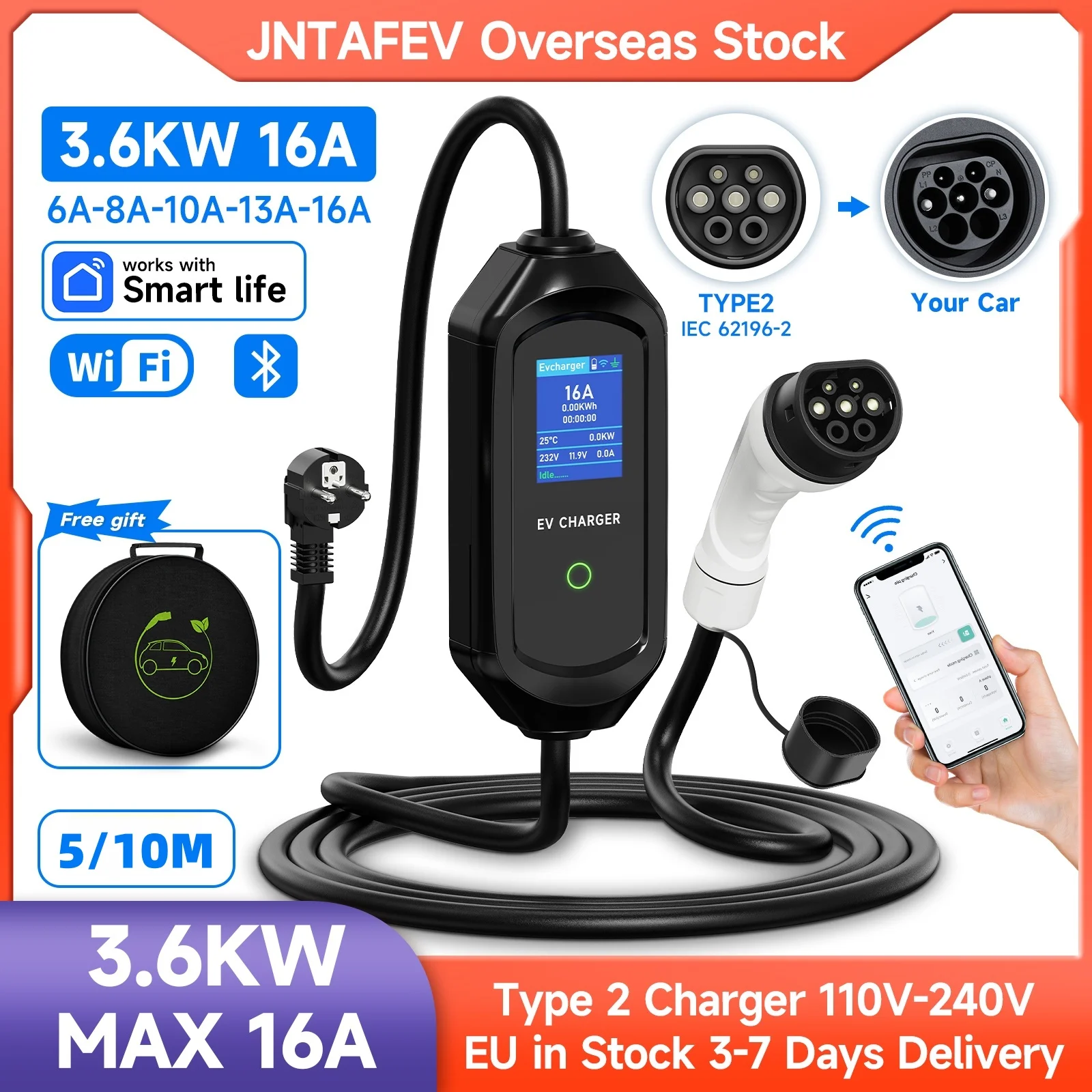 JNTAFEV 3.6KW Draagbare autolader Type2 16A Oplader voor elektrische voertuigen WiFi APP Bluetooth Draadloze bediening Snelle oplaadkabel - afbeelding 2