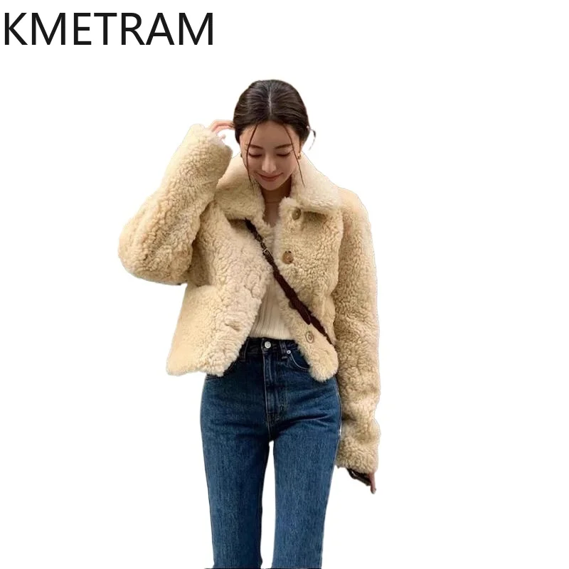 KMETRAM 100% Wool Coats Women Korean Style Short Sheep Shearing Jacket Premium Winter Real Fur Coat Woman Clothing 55cm 2026 털옷