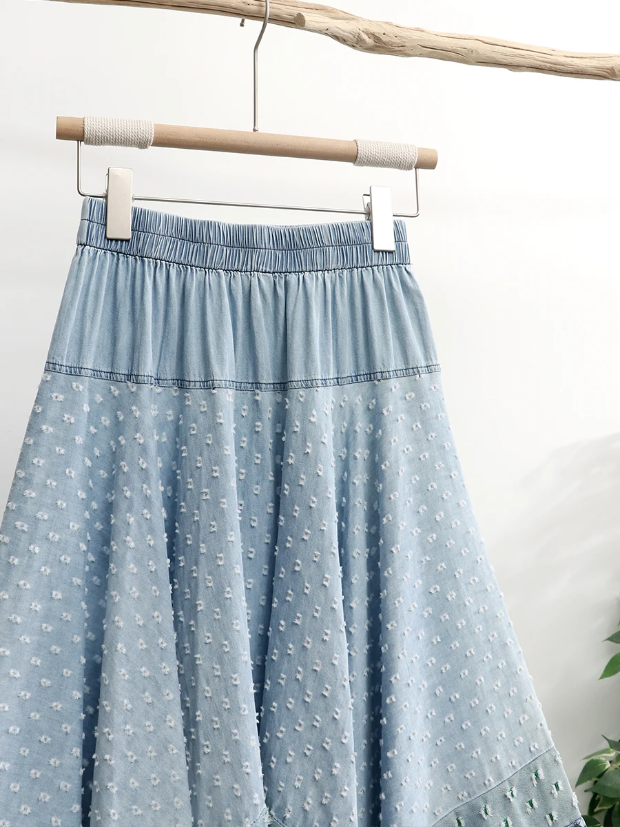 Gratis verzending 2024 nieuwe blauwe lange maxi vrouwen elastische hoge taille lente zomer denim dame a-lijn patchwork bedrukte rokken