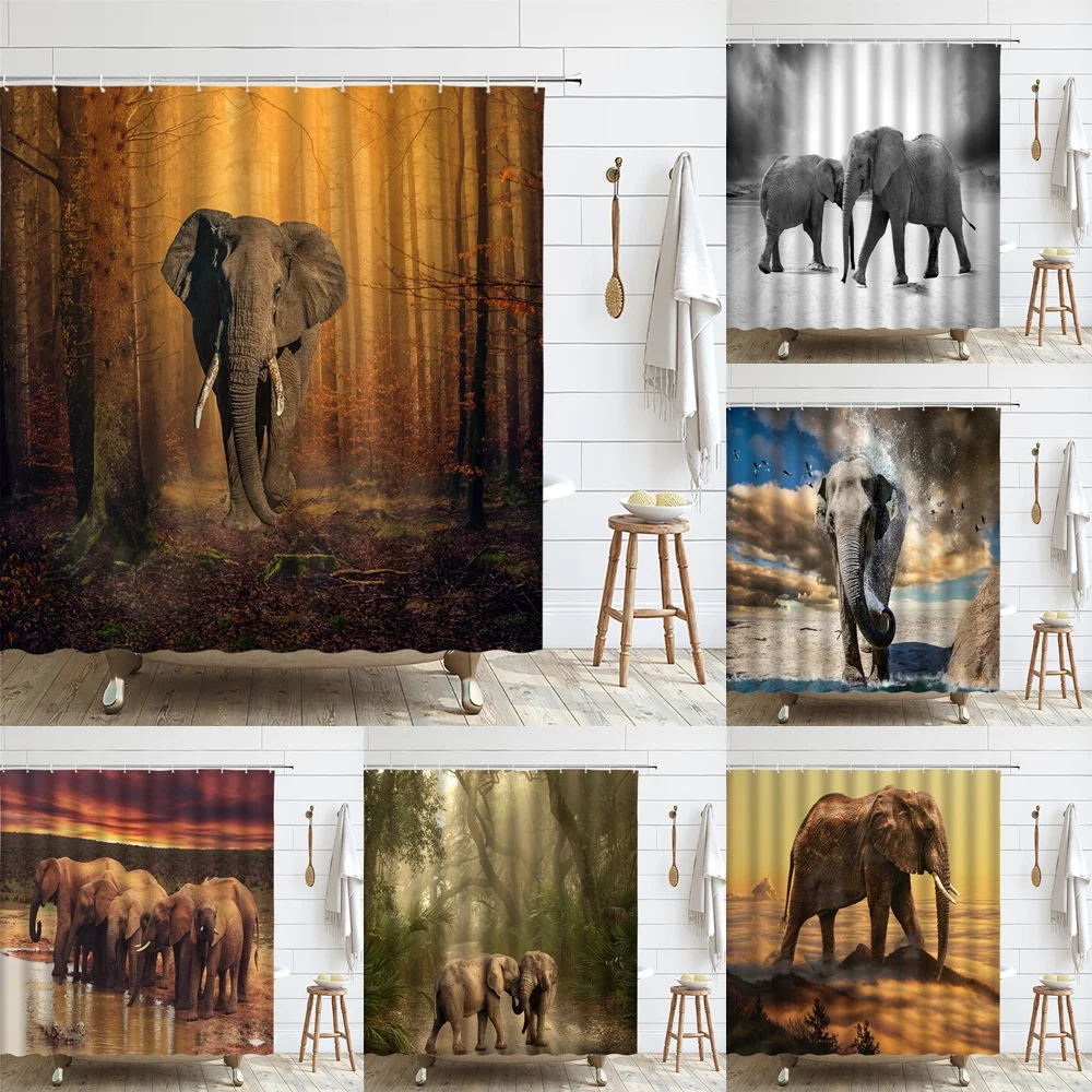 

Animal Shower Curtains Forest Elephant Wildlife Wilderness Bathroom Bathtubs Decor Screen Polyester Fabric Machine Bath Curtain