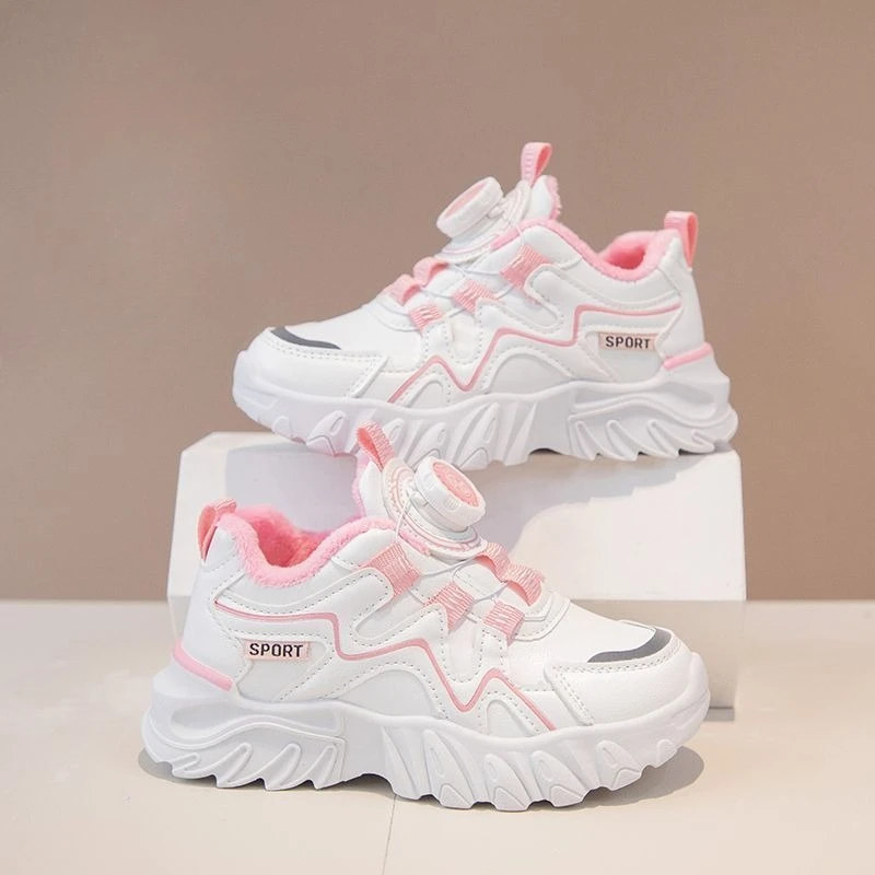 

2026 Winter Girls Waterproof Fleece Lined Thermal Sneakers Kids Warm Chunky Shoes with Leather Stylish Versatile for Outdoor