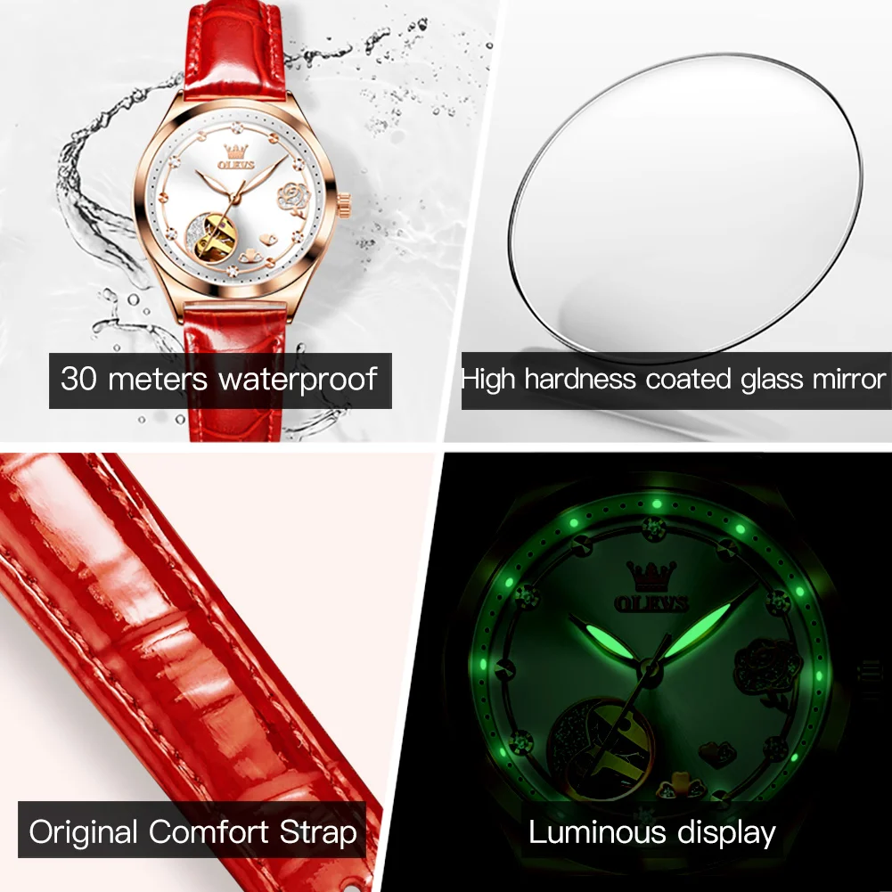 OLEVS 6601, женские часы, элитный бренд, полый розовое золото, бриллиантовый циферблат, кожаный ремешок, автоматические механические наручные часы для женщин